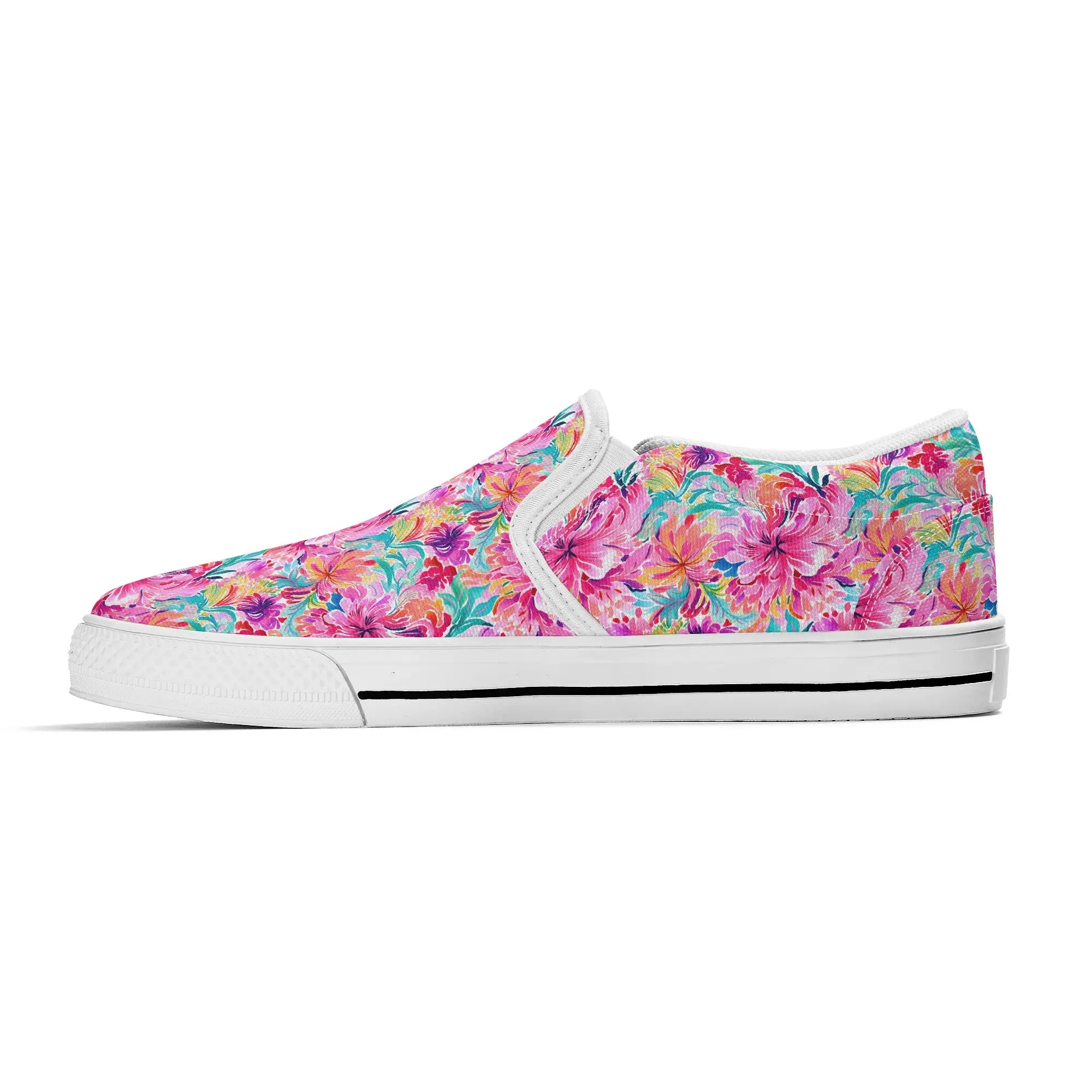 Rainbow Tropics: Watercolor Flowers in Vibrant Pink, Green and Orange Hues Womens Canvas Slip On Shoes US5-US12