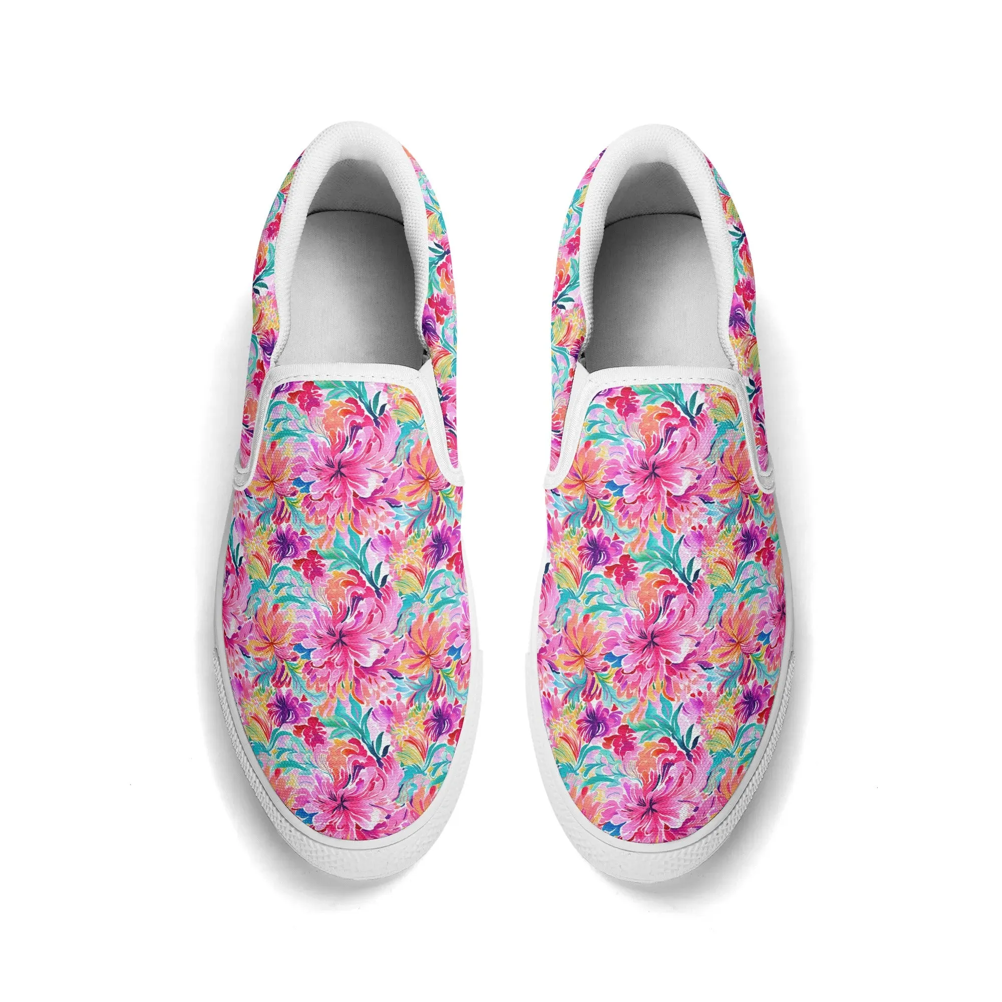 Rainbow Tropics: Watercolor Flowers in Vibrant Pink, Green and Orange Hues Womens Canvas Slip On Shoes US5-US12
