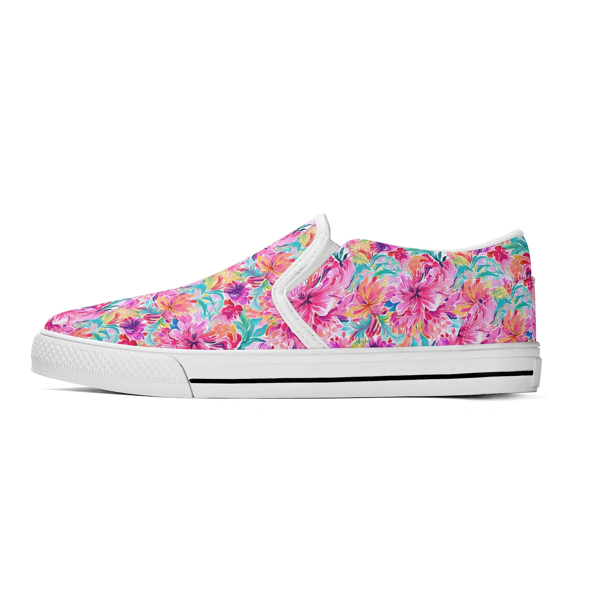 Rainbow Tropics: Watercolor Flowers in Vibrant Pink, Green and Orange Hues Womens Canvas Slip On Shoes US5-US12