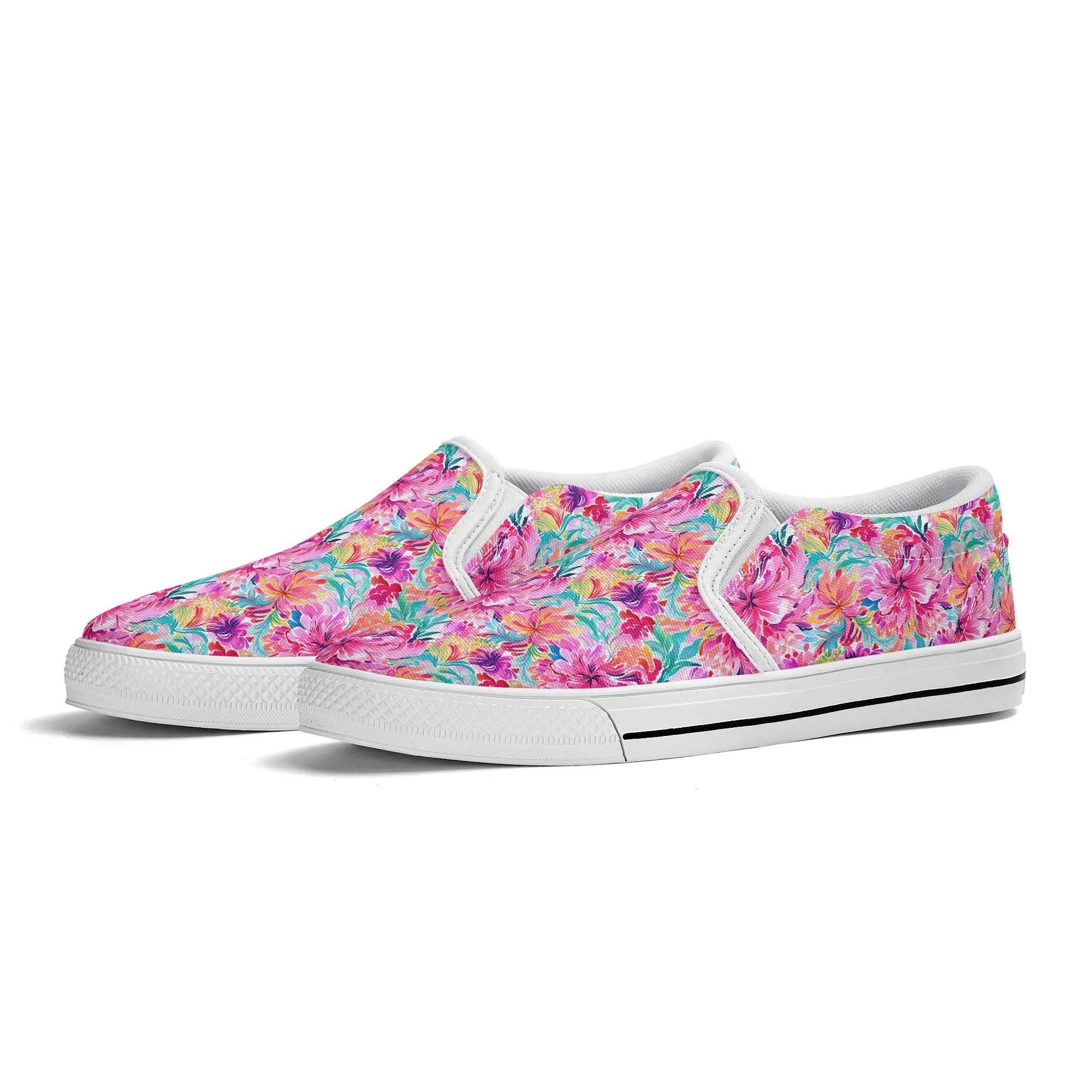 Rainbow Tropics: Watercolor Flowers in Vibrant Pink, Green and Orange Hues Womens Canvas Slip On Shoes US5-US12