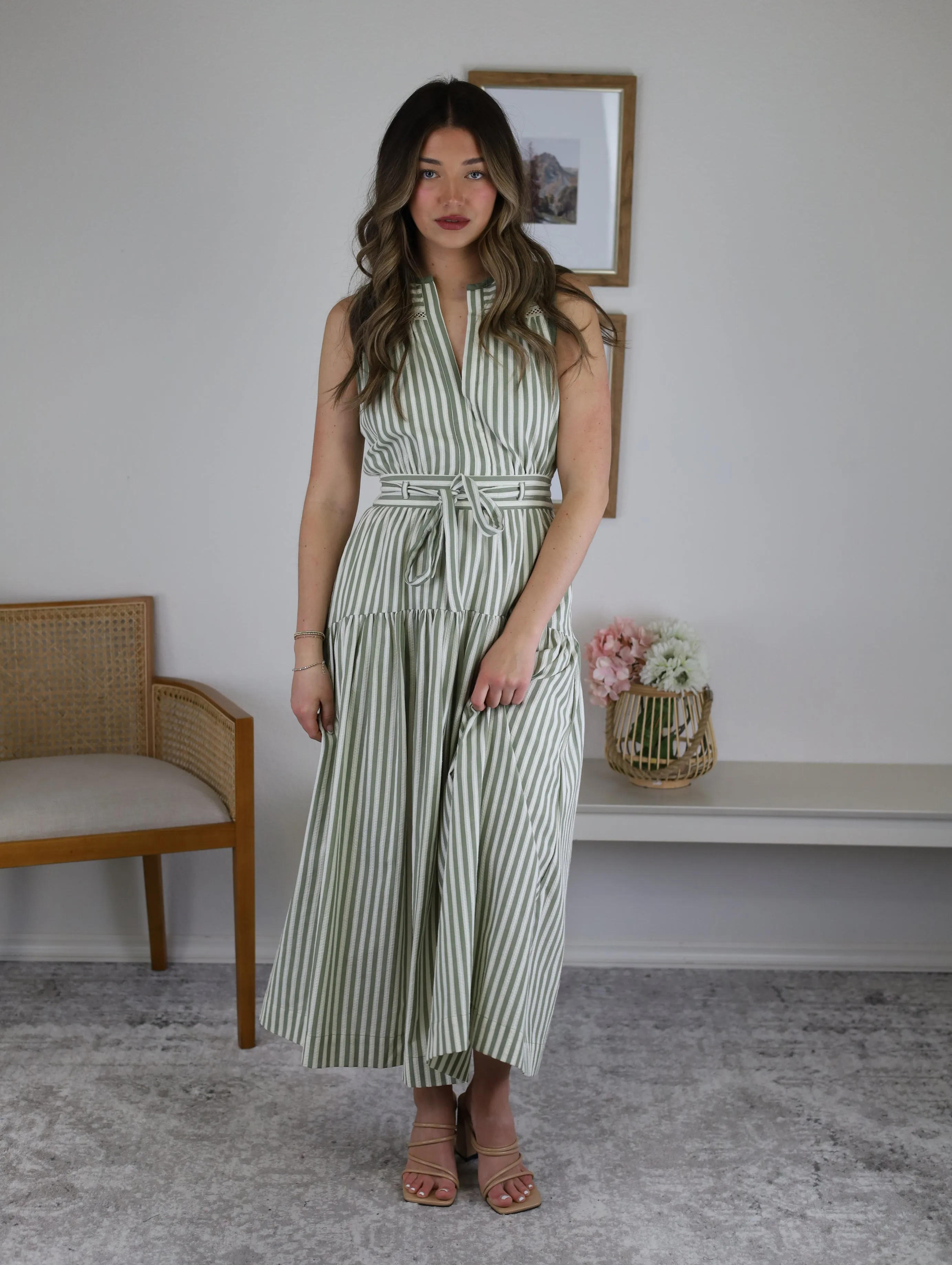 Riley Striped Split Neck Lace Inset Maxi Dress