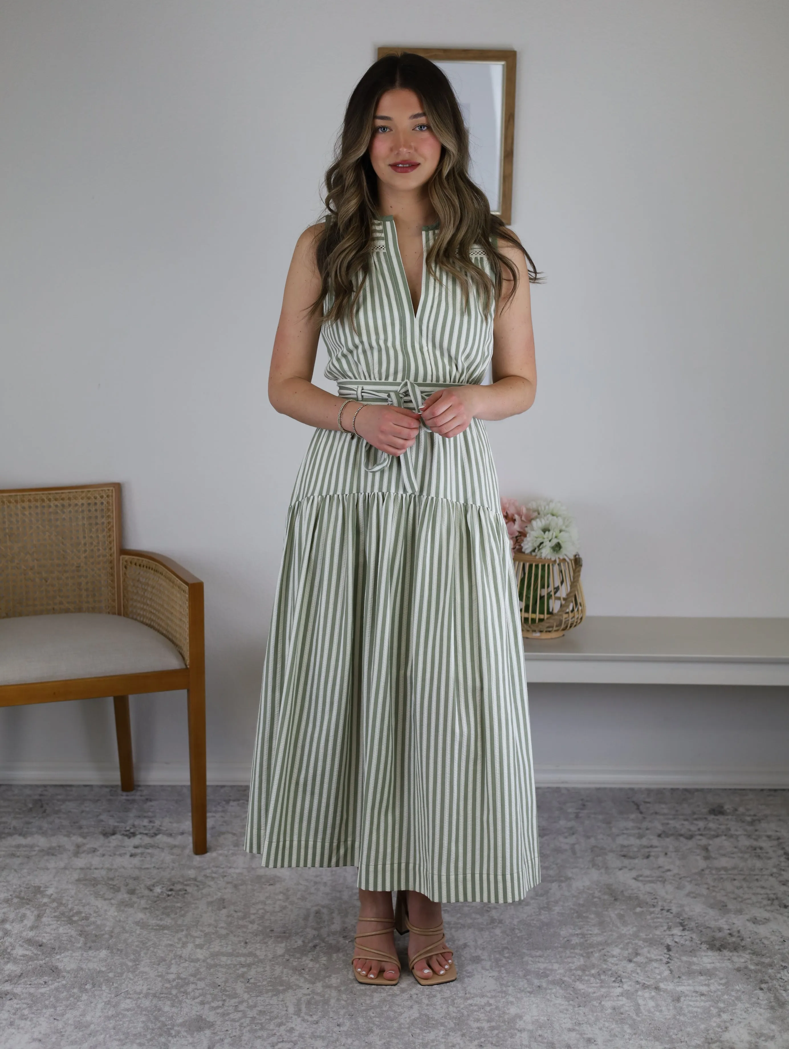 Riley Striped Split Neck Lace Inset Maxi Dress