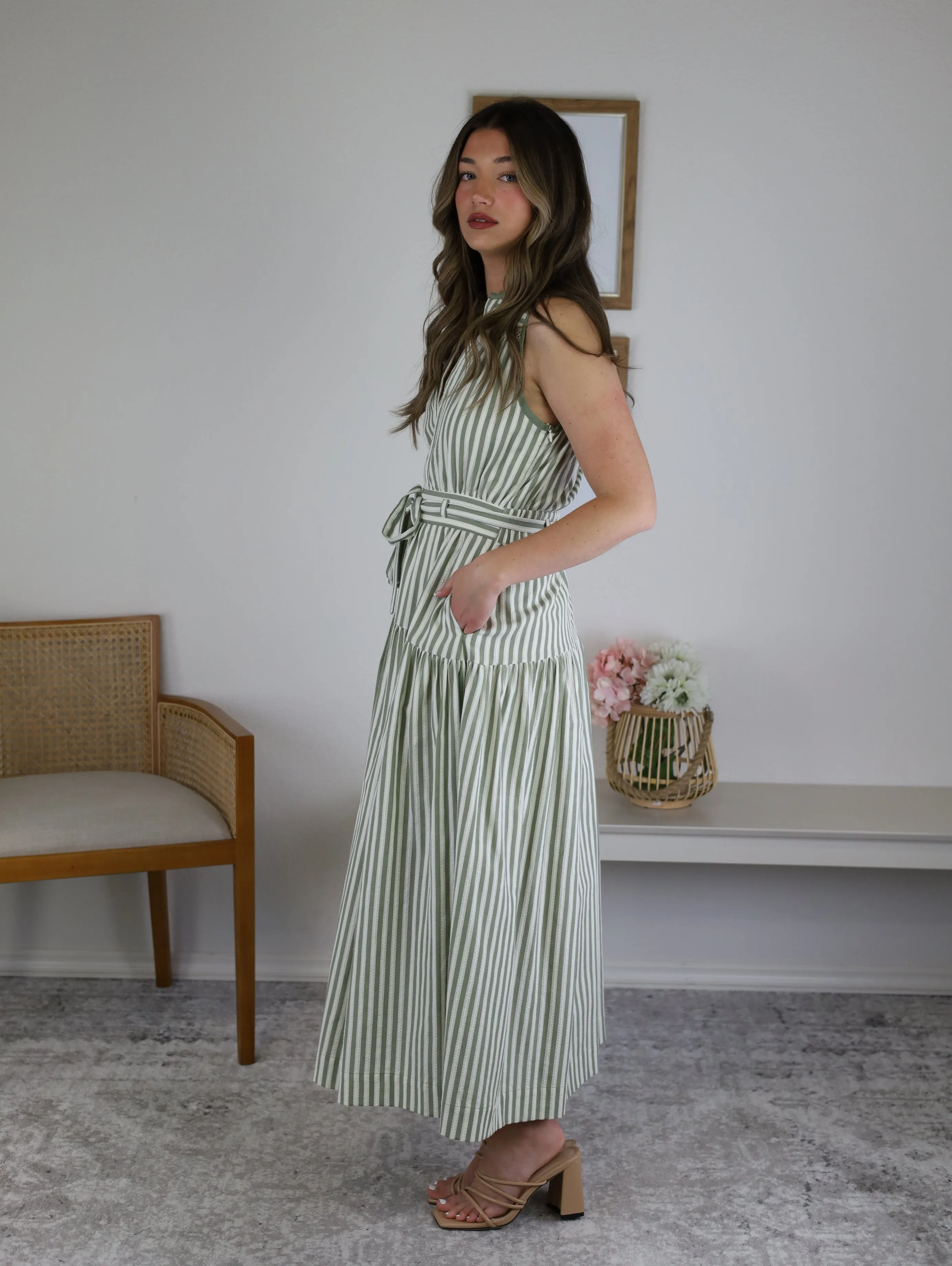 Riley Striped Split Neck Lace Inset Maxi Dress