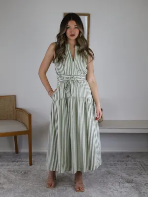 Riley Striped Split Neck Lace Inset Maxi Dress