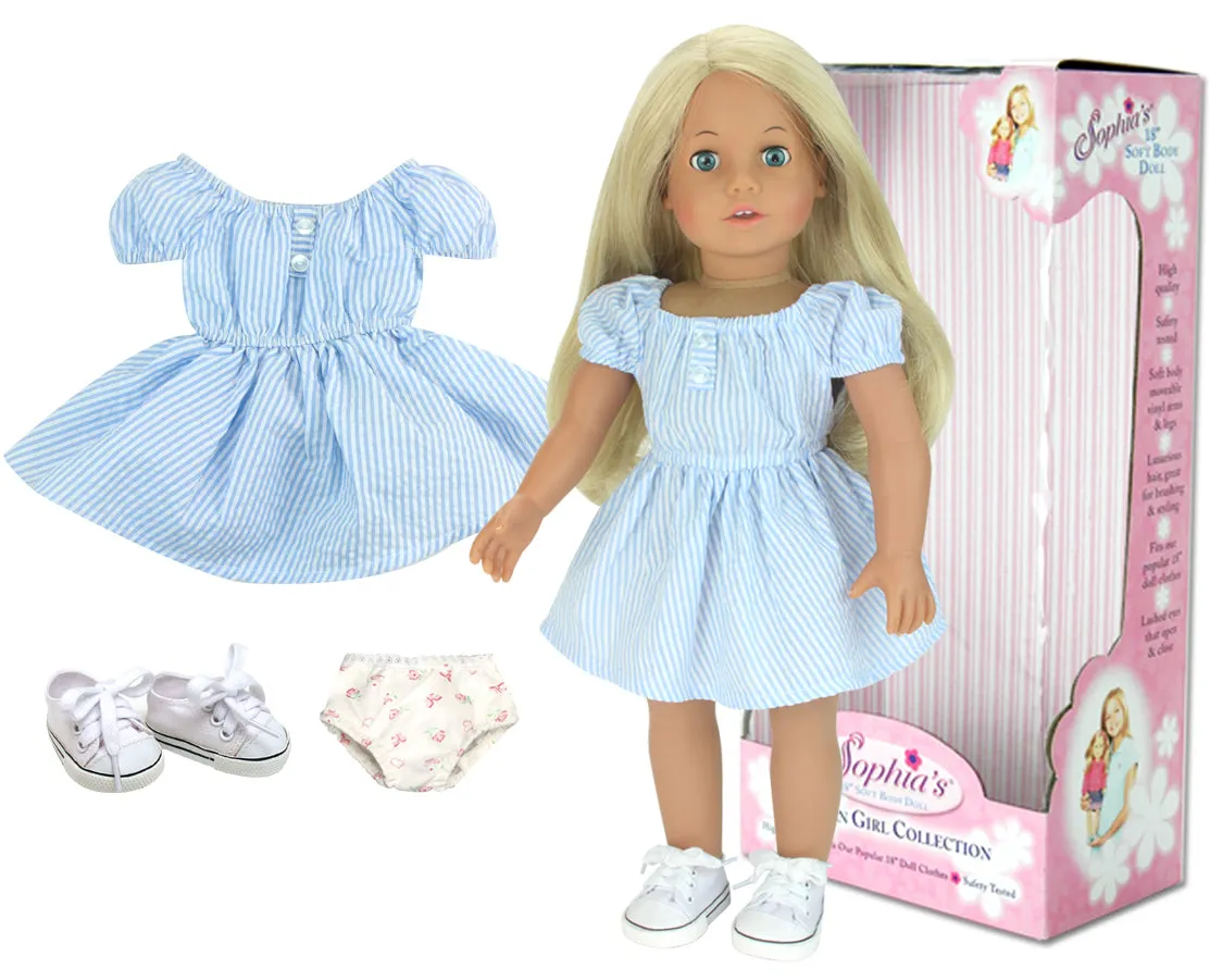 Sophia's by Teamson Kids 18 Inch Baby Doll "Sophia" with Blue Dress & Doll Shoes, Modern Girl Collection, 18'' All Vinyl Doll with Blonde Hair