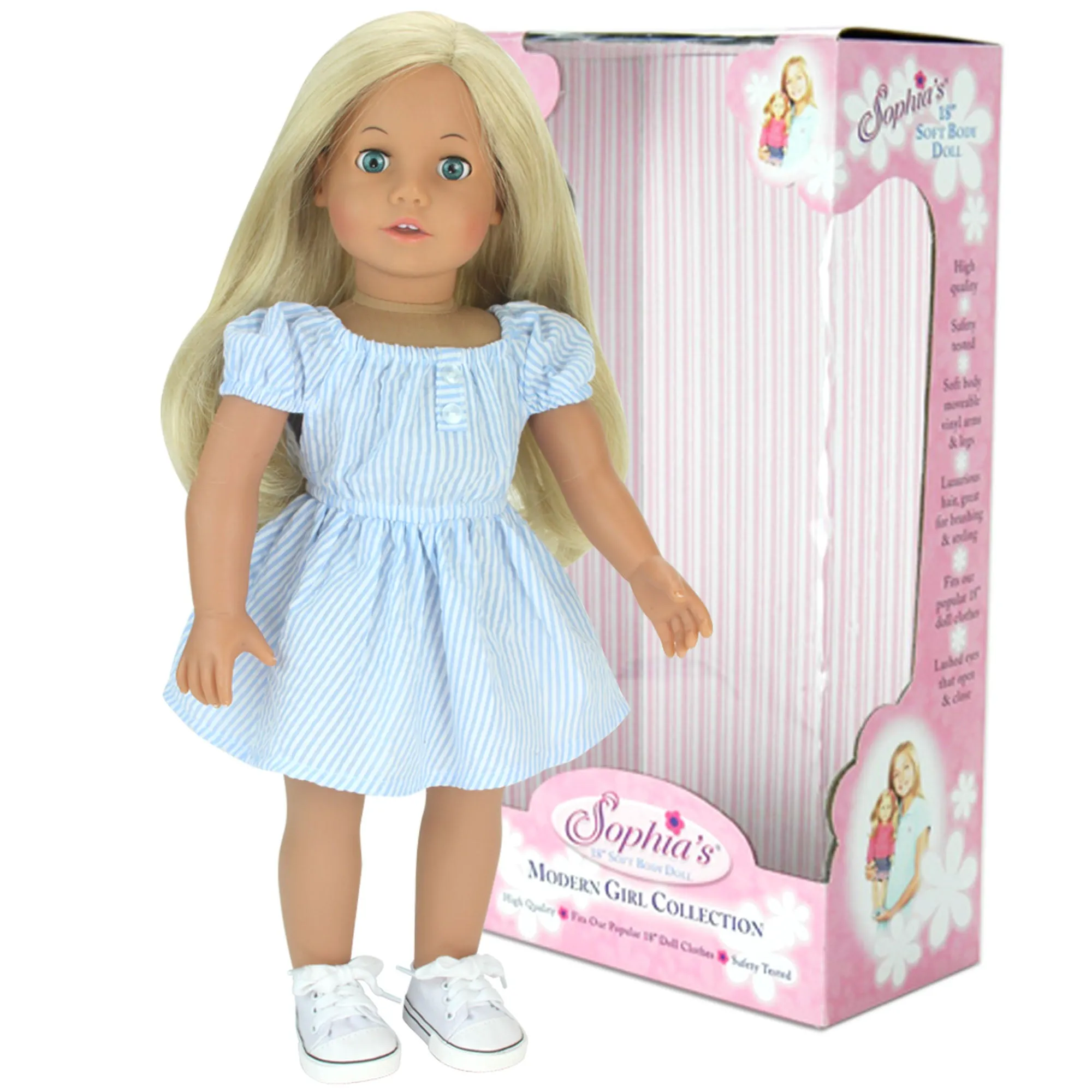 Sophia's by Teamson Kids 18 Inch Baby Doll "Sophia" with Blue Dress & Doll Shoes, Modern Girl Collection, 18'' All Vinyl Doll with Blonde Hair