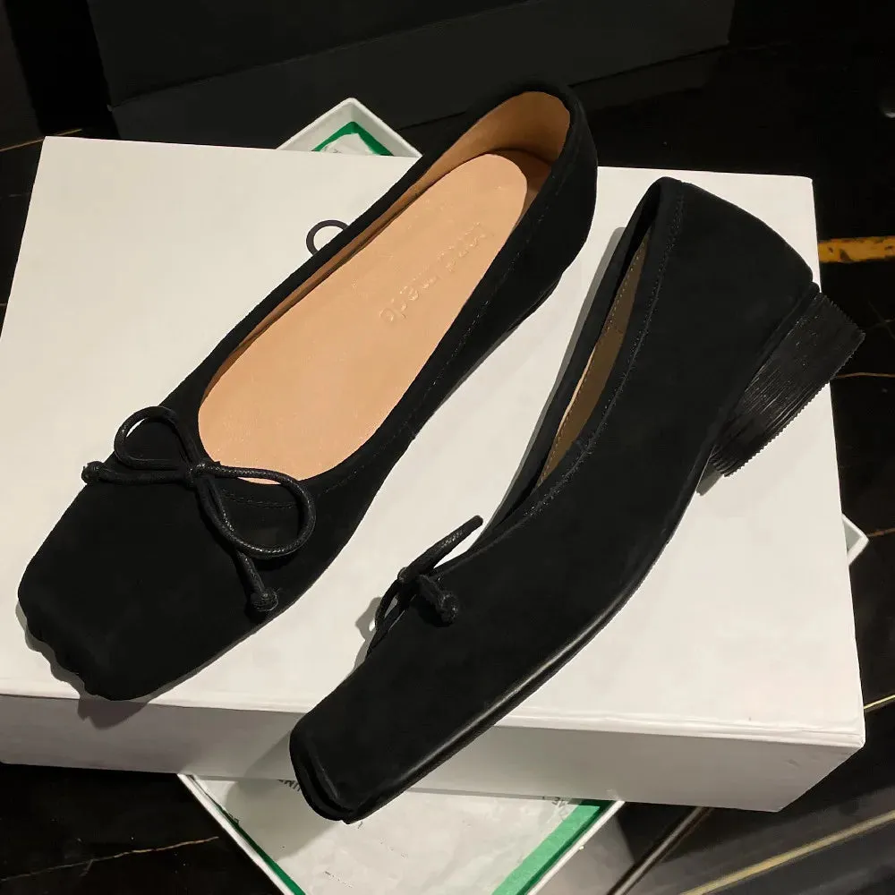 TAVIMART  -  Women's natural suede leather square toe slip-on ballet flats sweet bowtie casual female ballerians soft comfort shoes for women