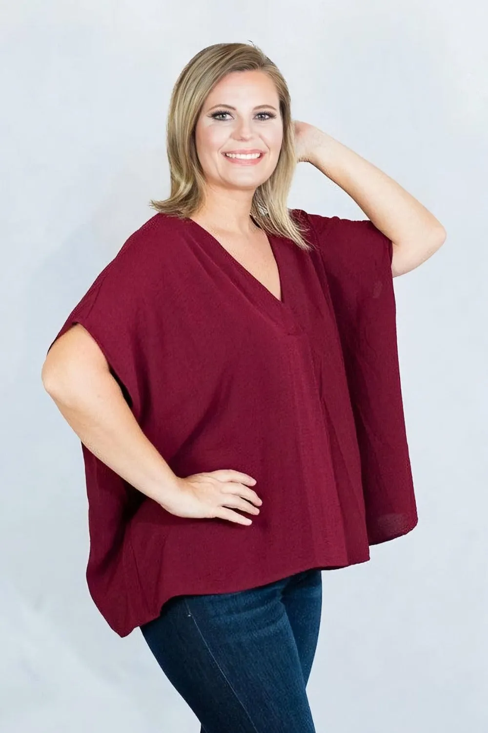 V-Neck Short Sleeve Blouse with Placket Detail by Entro Clothing