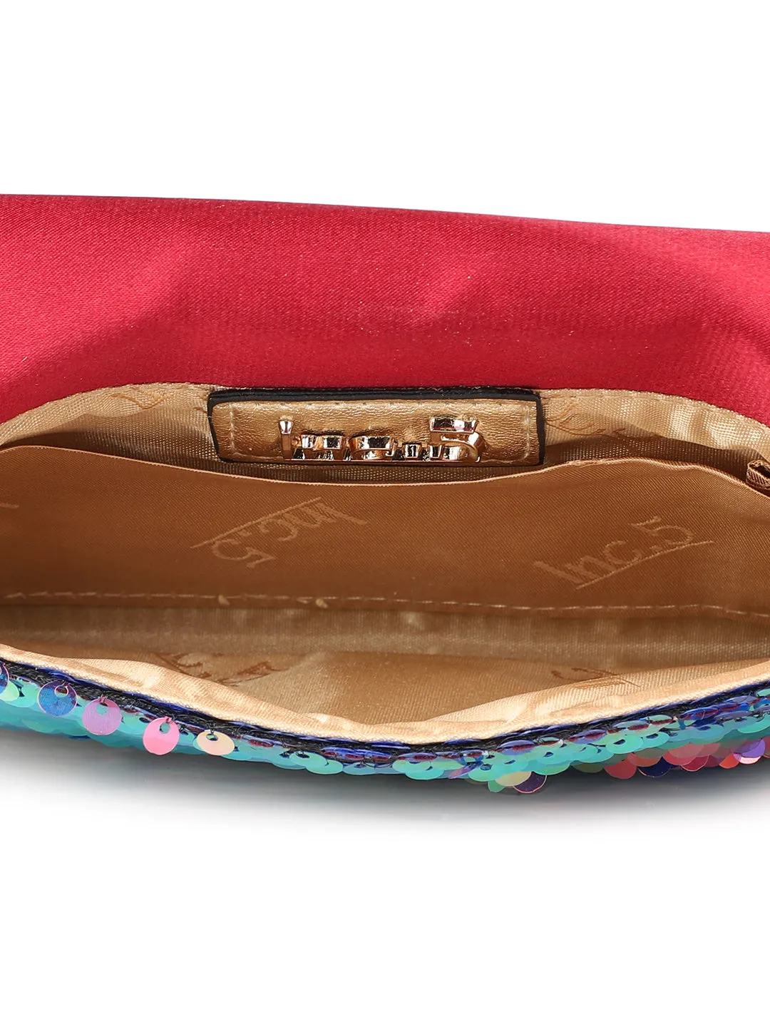 Women Blue Sequins Embellished Envelope Clutch