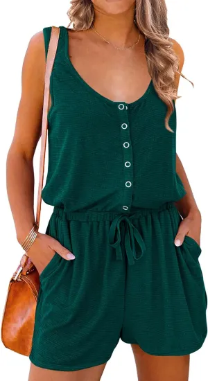 Women'S Summer Casual Shorts Jumpsuit Plain Scoop Neck Button down Sleeveless Tank Top Rompers with Pockets